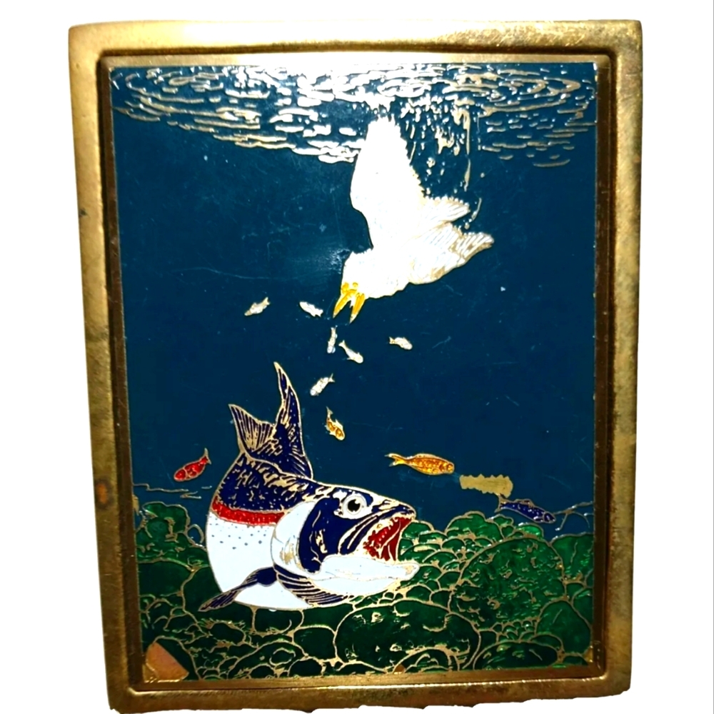 Art Nouveau Style Blue Cloisonne Enamel Bass Fish & Heron Bird Brass Belt Buckle